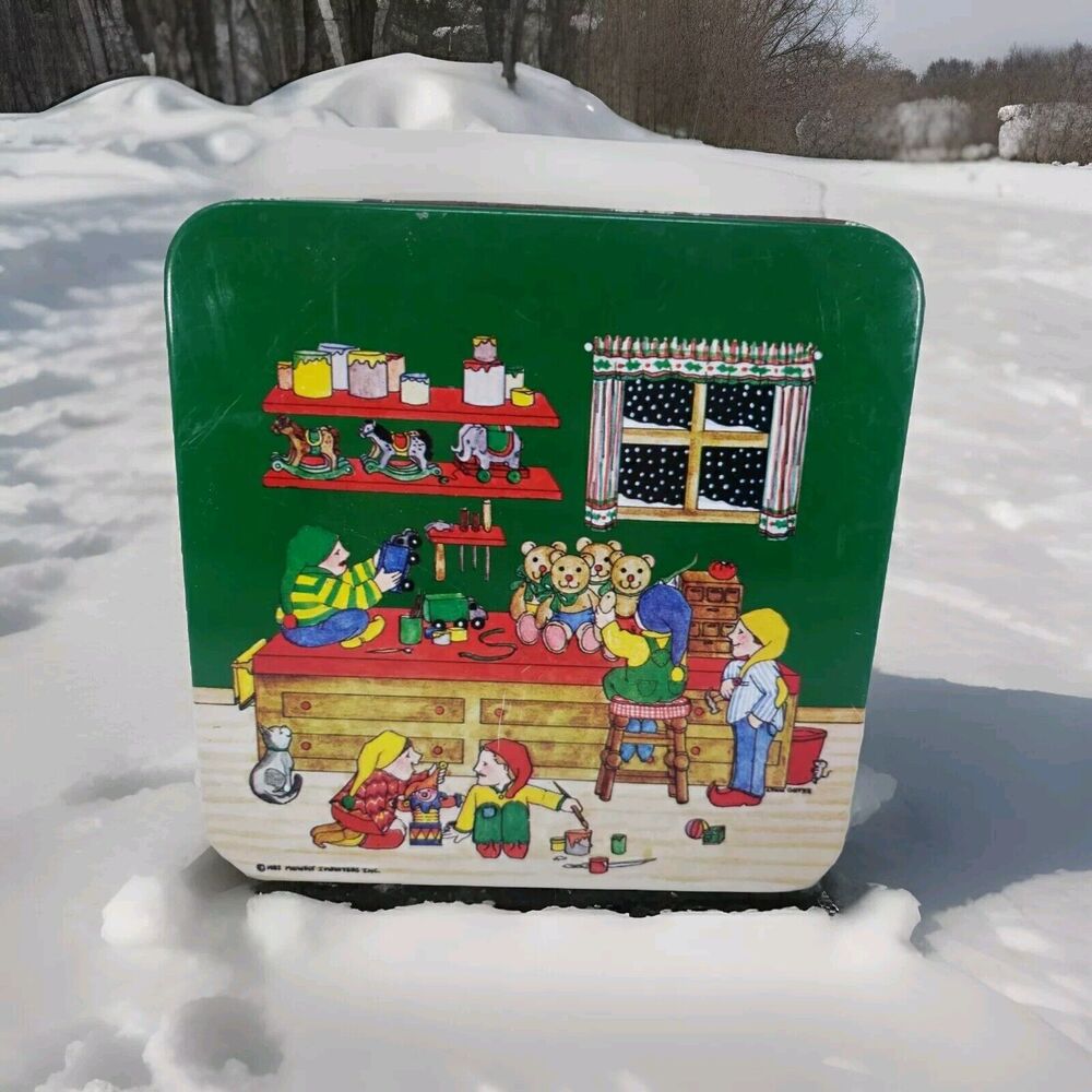 Vintage Lynn Gates 1982 Christmas Tin Box Midwest Industries Elves Toy Shop